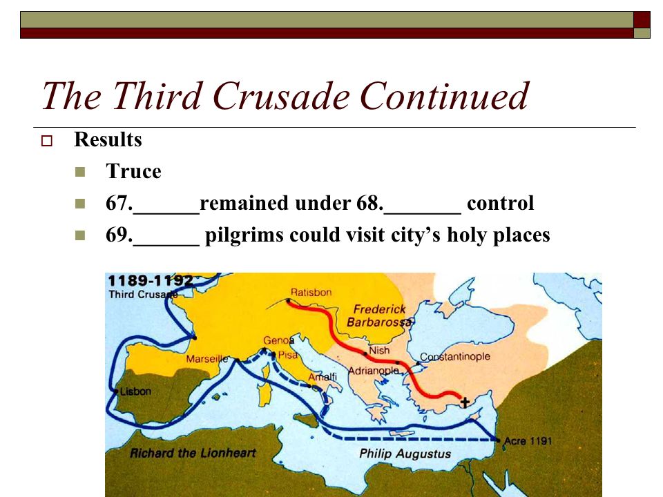 The Third Crusade Continued  Results Truce 67.______remained under 68._______ control 69.______ pilgrims could visit city’s holy places