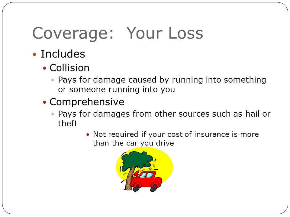 Coverage: Your Loss Includes Collision Pays for damage caused by running into something or someone running into you Comprehensive Pays for damages from other sources such as hail or theft Not required if your cost of insurance is more than the car you drive
