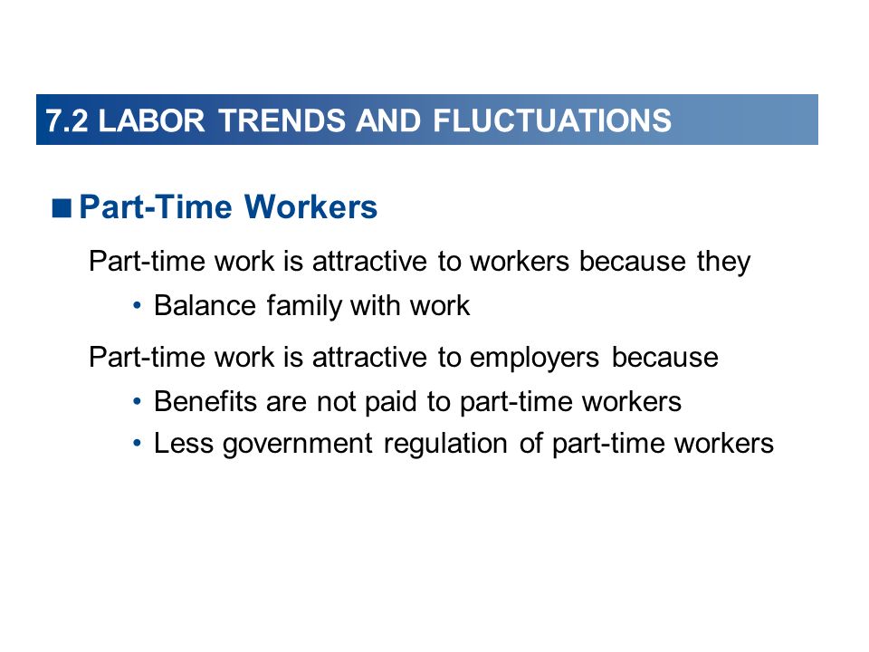 7.2 LABOR TRENDS AND FLUCTUATIONS  Part-Time Workers Part-time work is attractive to workers because they Balance family with work Part-time work is attractive to employers because Benefits are not paid to part-time workers Less government regulation of part-time workers