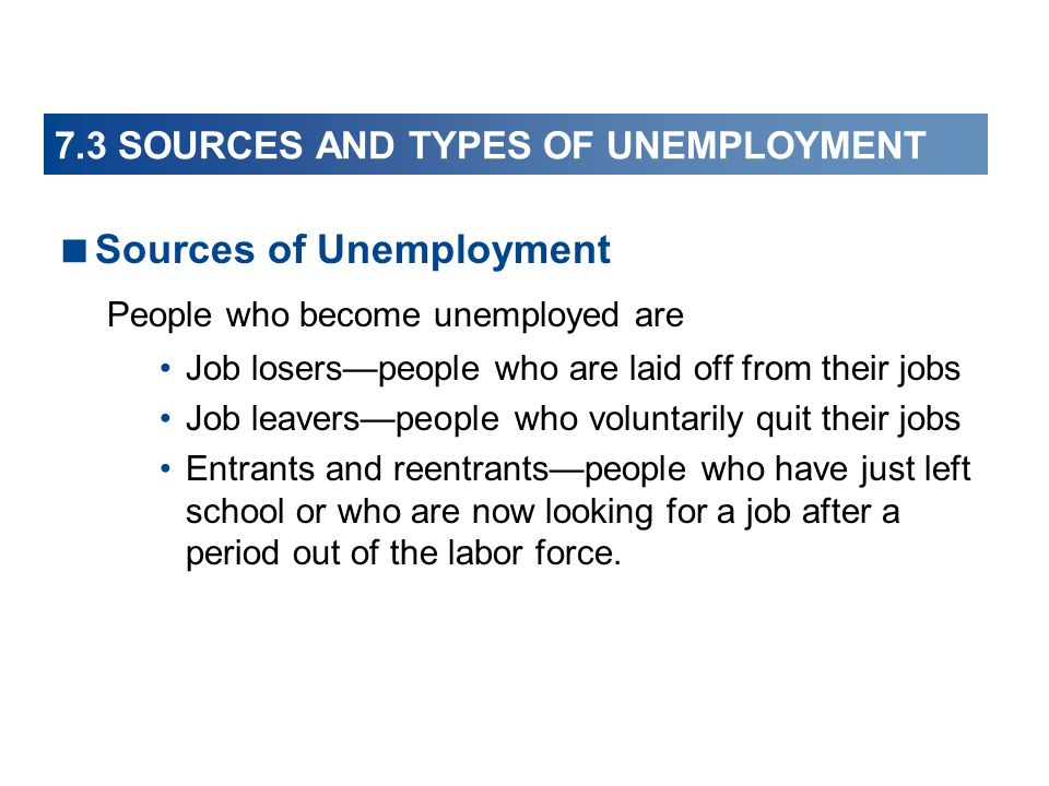 7.3 SOURCES AND TYPES OF UNEMPLOYMENT  Sources of Unemployment People who become unemployed are Job losers—people who are laid off from their jobs Job leavers—people who voluntarily quit their jobs Entrants and reentrants—people who have just left school or who are now looking for a job after a period out of the labor force.