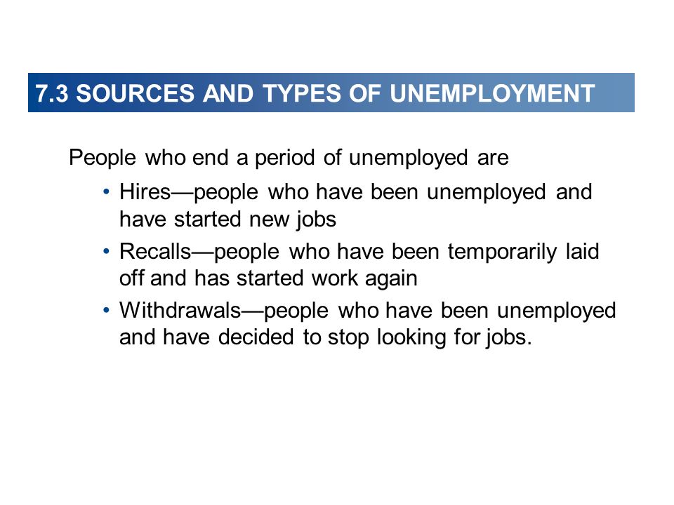7.3 SOURCES AND TYPES OF UNEMPLOYMENT People who end a period of unemployed are Hires—people who have been unemployed and have started new jobs Recalls—people who have been temporarily laid off and has started work again Withdrawals—people who have been unemployed and have decided to stop looking for jobs.