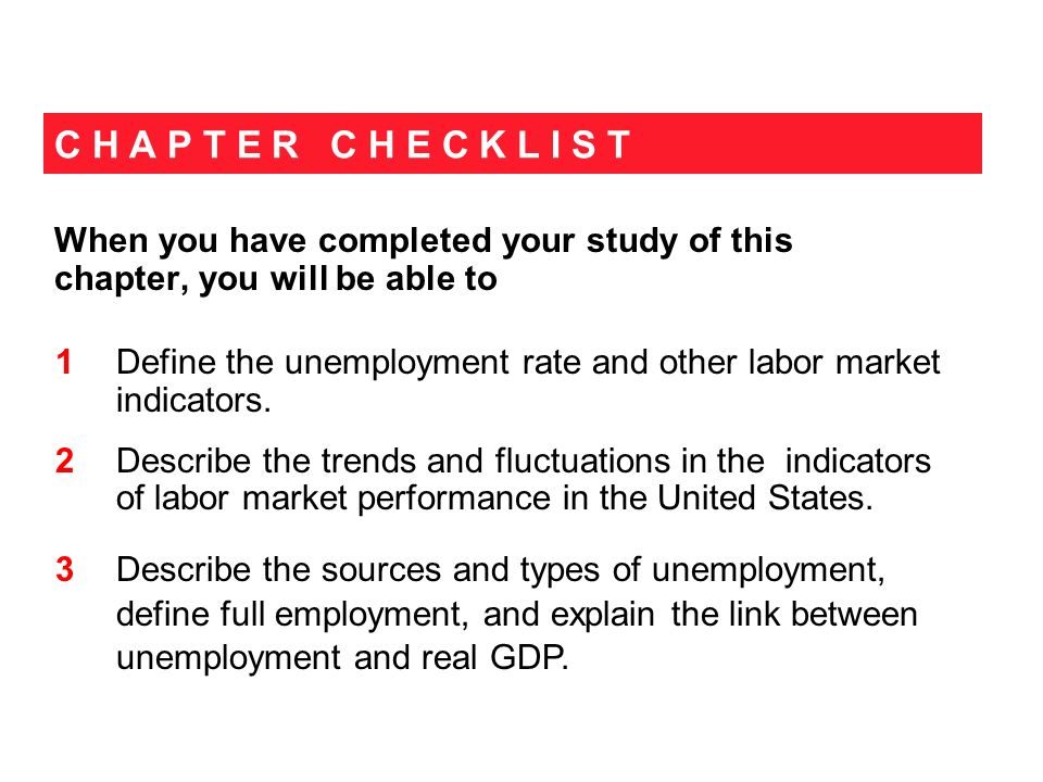 C H A P T E R C H E C K L I S T When you have completed your study of this chapter, you will be able to 1 Define the unemployment rate and other labor market indicators.