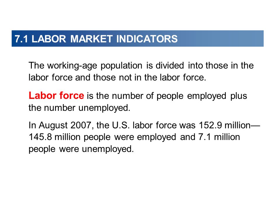 7.1 LABOR MARKET INDICATORS The working-age population is divided into those in the labor force and those not in the labor force.