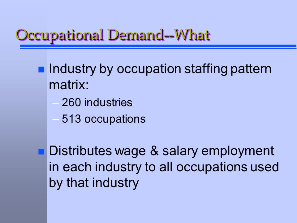Occupational Demand--What n Industry by occupation staffing pattern matrix: –260 industries –513 occupations n Distributes wage & salary employment in each industry to all occupations used by that industry