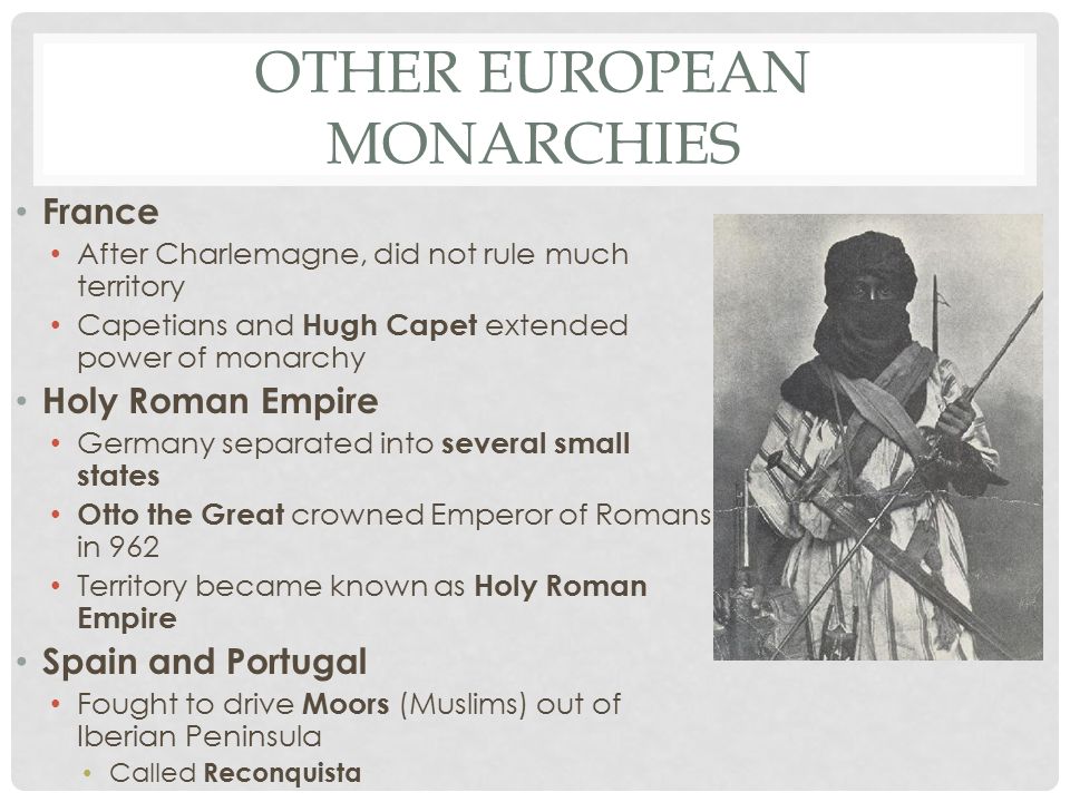 OTHER EUROPEAN MONARCHIES France After Charlemagne, did not rule much territory Capetians and Hugh Capet extended power of monarchy Holy Roman Empire Germany separated into several small states Otto the Great crowned Emperor of Romans in 962 Territory became known as Holy Roman Empire Spain and Portugal Fought to drive Moors (Muslims) out of Iberian Peninsula Called Reconquista