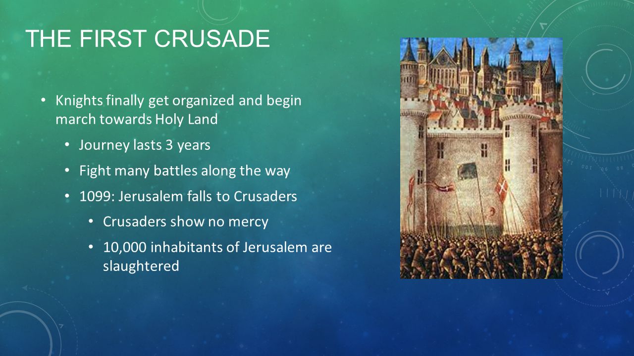 THE FIRST CRUSADE Knights finally get organized and begin march towards Holy Land Journey lasts 3 years Fight many battles along the way 1099: Jerusalem falls to Crusaders Crusaders show no mercy 10,000 inhabitants of Jerusalem are slaughtered