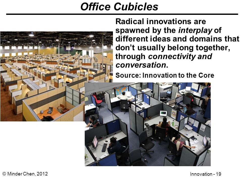 Innovation - 19 © Minder Chen, 2012 Office Cubicles Radical innovations are spawned by the interplay of different ideas and domains that don’t usually belong together, through connectivity and conversation.