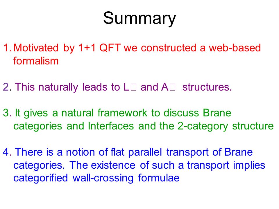 Summary 1.Motivated by 1+1 QFT we constructed a web-based formalism 2.