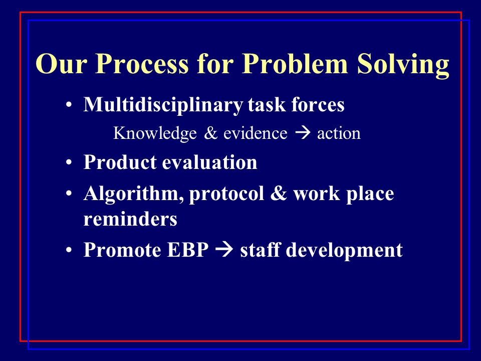 Our Process for Problem Solving Multidisciplinary task forces Knowledge & evidence  action Product evaluation Algorithm, protocol & work place reminders Promote EBP  staff development