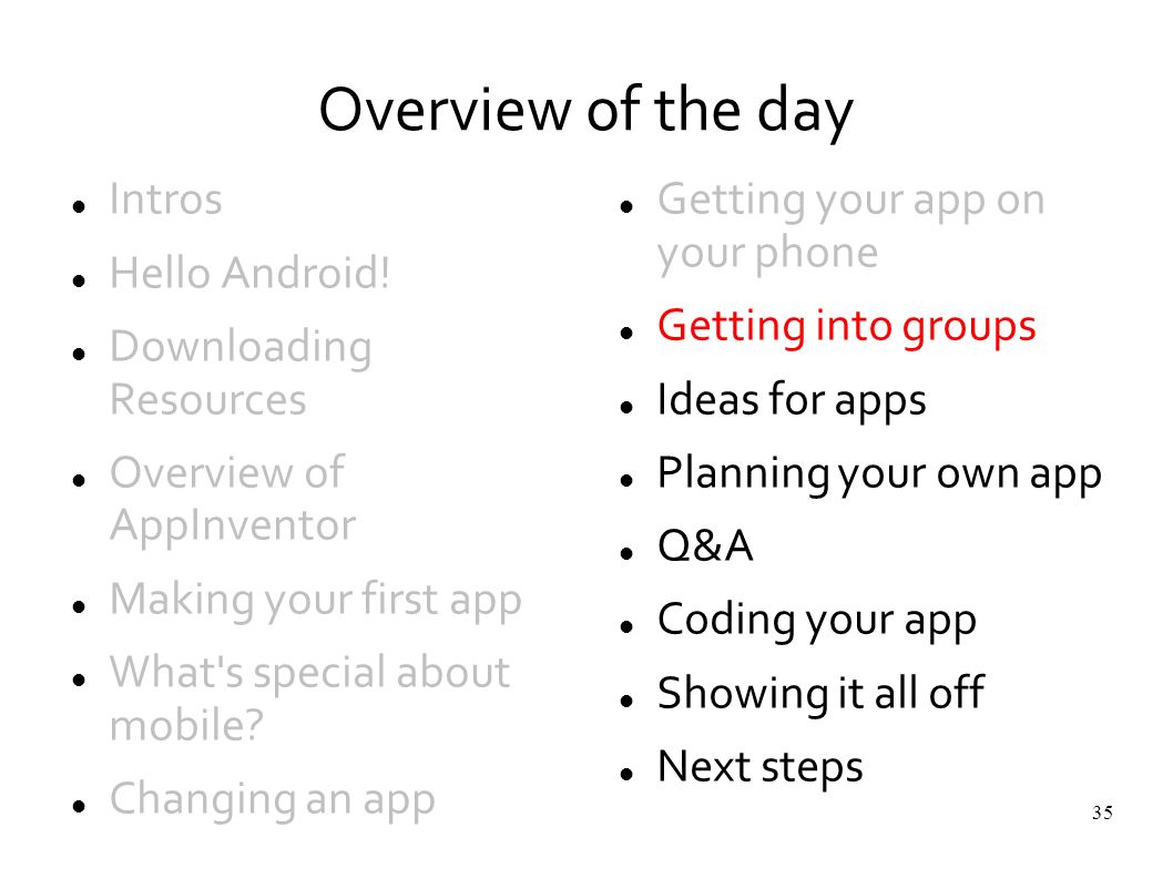 35 Overview of the day Intros Hello Android.
