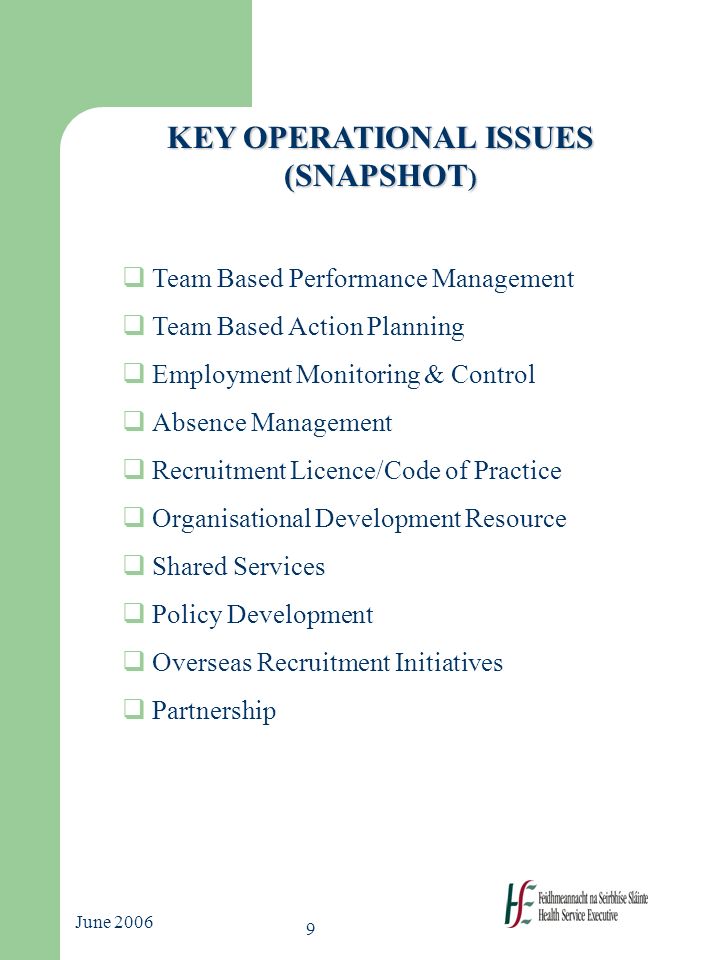 9 June 2006 KEY OPERATIONAL ISSUES (SNAPSHOT )  Team Based Performance Management  Team Based Action Planning  Employment Monitoring & Control  Absence Management  Recruitment Licence/Code of Practice  Organisational Development Resource  Shared Services  Policy Development  Overseas Recruitment Initiatives  Partnership