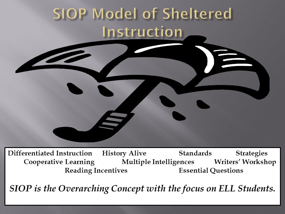 Differentiated Instruction History AliveStandardsStrategies Cooperative LearningMultiple Intelligences Writers’ Workshop Reading IncentivesEssential Questions SIOP is the Overarching Concept with the focus on ELL Students.