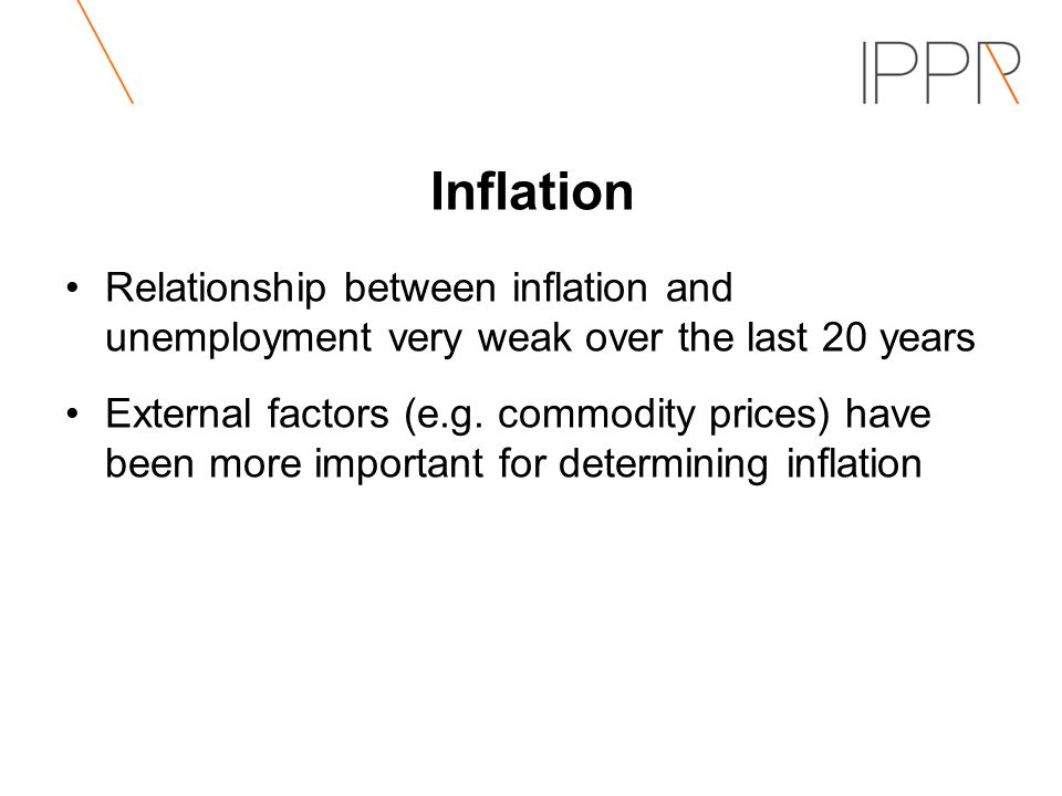 Inflation Relationship between inflation and unemployment very weak over the last 20 years External factors (e.g.
