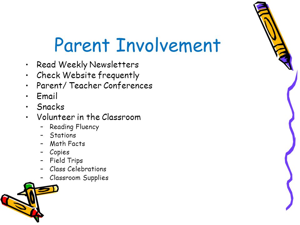 Parent Involvement Read Weekly Newsletters Check Website frequently Parent/ Teacher Conferences  Snacks Volunteer in the Classroom –Reading Fluency –Stations –Math Facts –Copies –Field Trips –Class Celebrations –Classroom Supplies