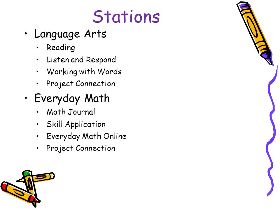 Stations Language Arts Reading Listen and Respond Working with Words Project Connection Everyday Math Math Journal Skill Application Everyday Math Online Project Connection