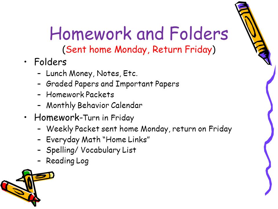 Homework and Folders (Sent home Monday, Return Friday) Folders –Lunch Money, Notes, Etc.