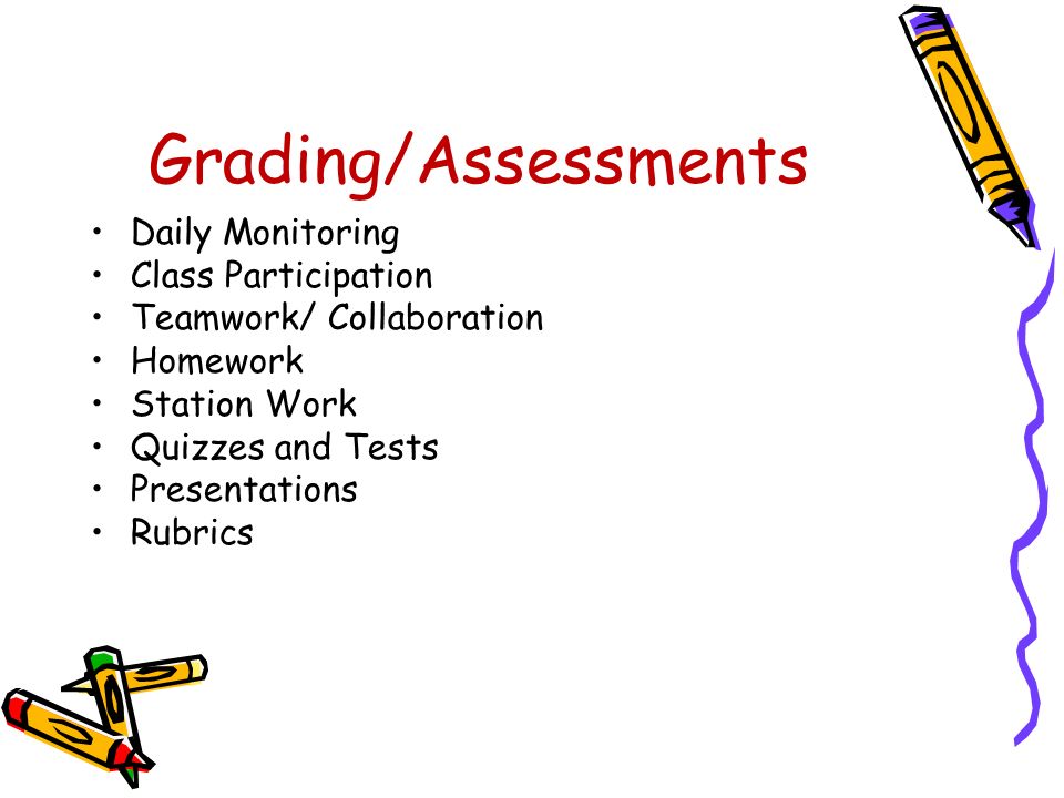 Grading/Assessments Daily Monitoring Class Participation Teamwork/ Collaboration Homework Station Work Quizzes and Tests Presentations Rubrics