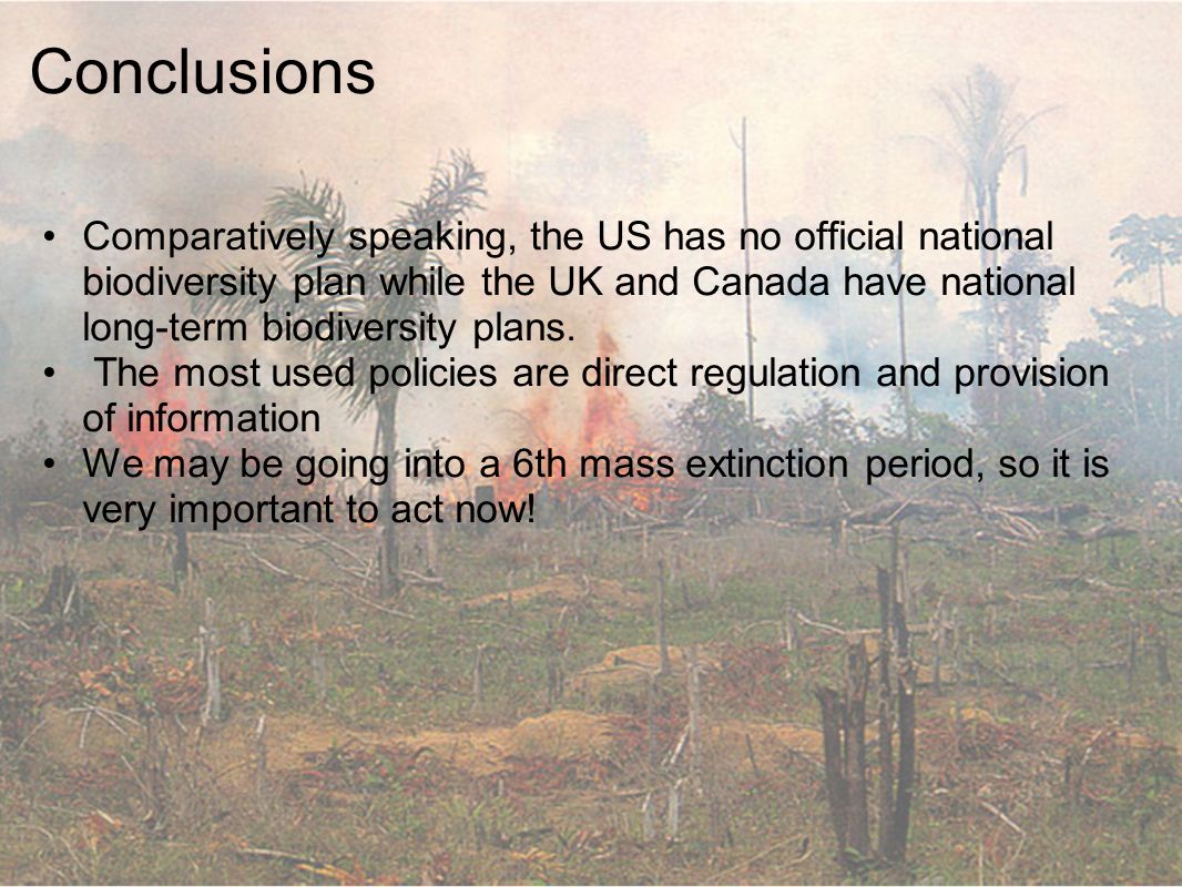 Conclusions Comparatively speaking, the US has no official national biodiversity plan while the UK and Canada have national long-term biodiversity plans.