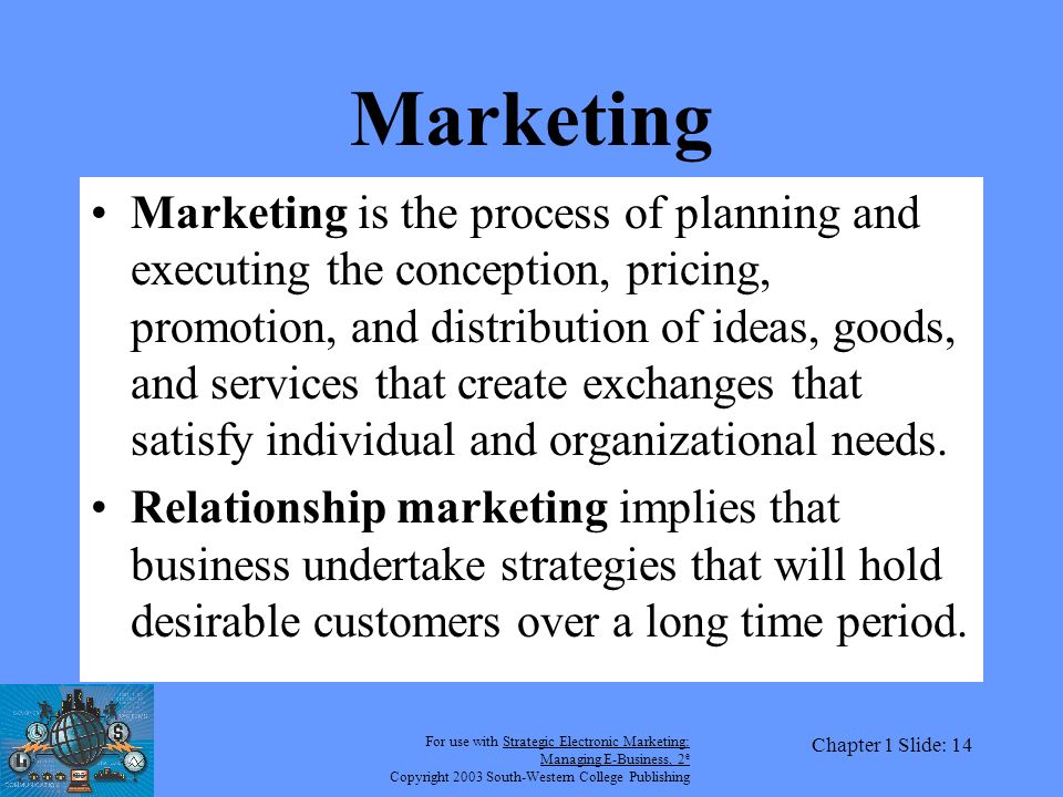 For use with Strategic Electronic Marketing: Managing E-Business, 2 e Copyright 2003 South-Western College Publishing Chapter 1 Slide: 14 Marketing Marketing is the process of planning and executing the conception, pricing, promotion, and distribution of ideas, goods, and services that create exchanges that satisfy individual and organizational needs.