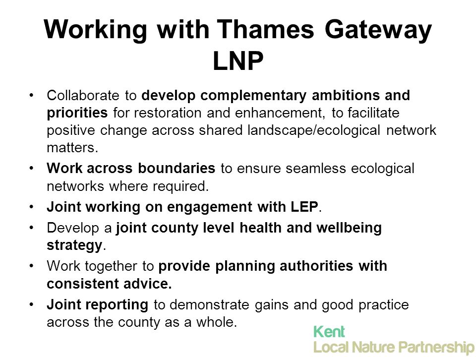 Working with Thames Gateway LNP Collaborate to develop complementary ambitions and priorities for restoration and enhancement, to facilitate positive change across shared landscape/ecological network matters.