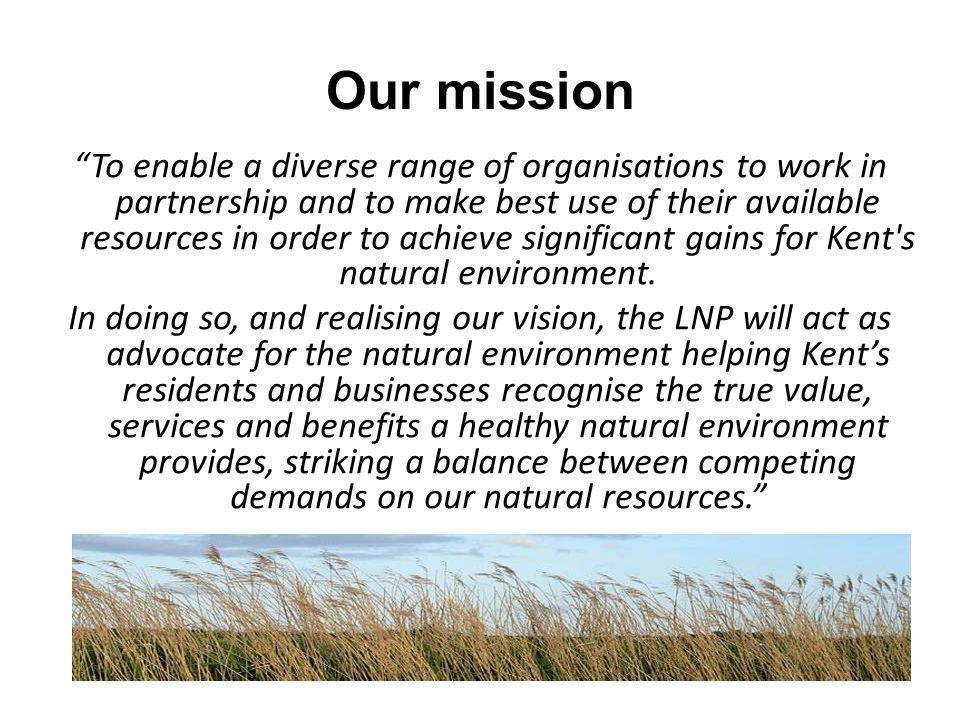 Our mission To enable a diverse range of organisations to work in partnership and to make best use of their available resources in order to achieve significant gains for Kent s natural environment.