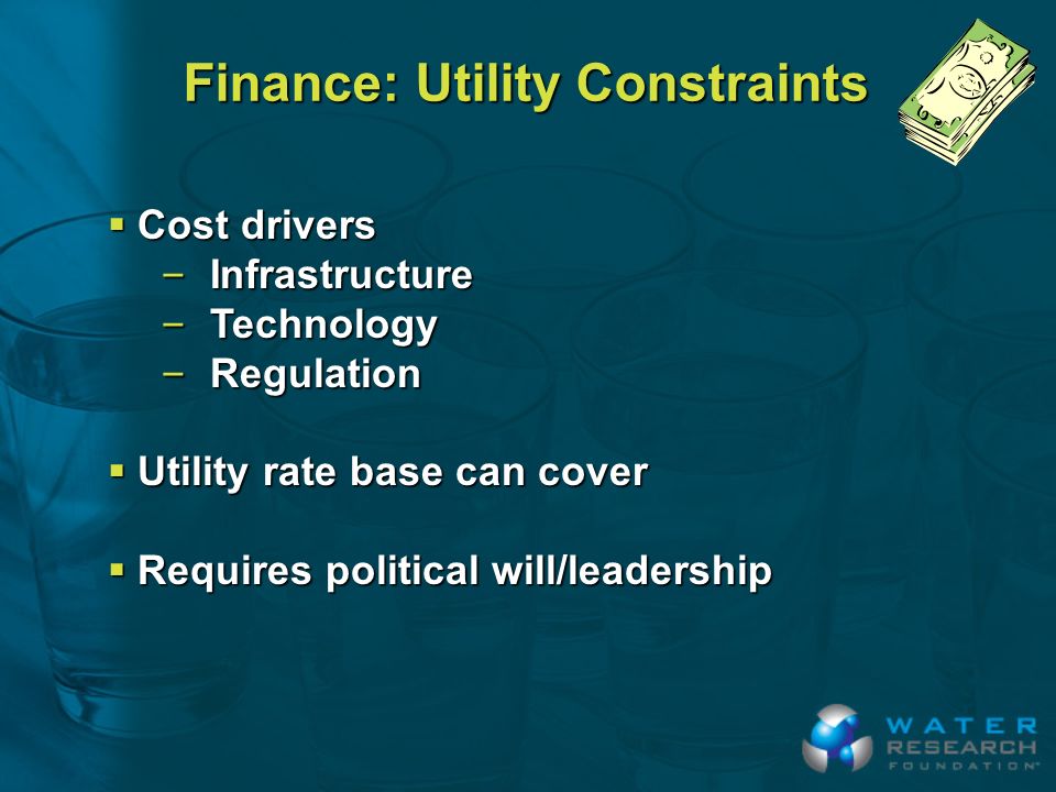 Finance: Utility Constraints  Cost drivers – Infrastructure – Technology – Regulation  Utility rate base can cover  Requires political will/leadership