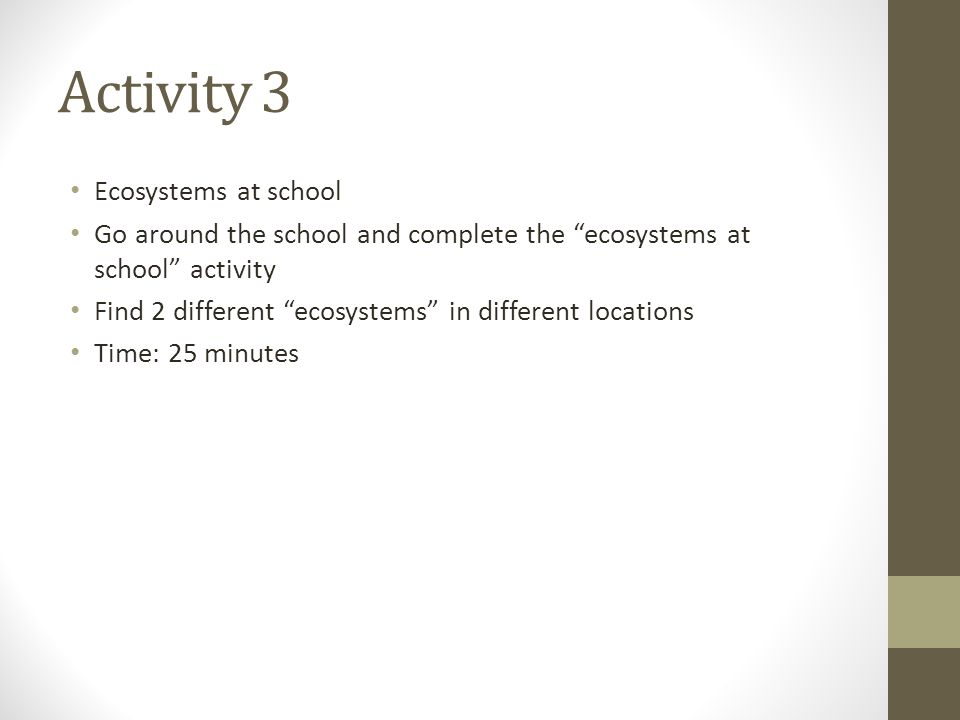 Activity 3 Ecosystems at school Go around the school and complete the ecosystems at school activity Find 2 different ecosystems in different locations Time: 25 minutes