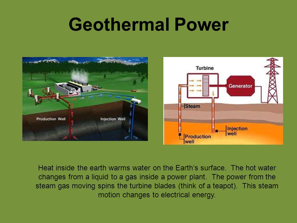 Geothermal Power Heat inside the earth warms water on the Earth’s surface.