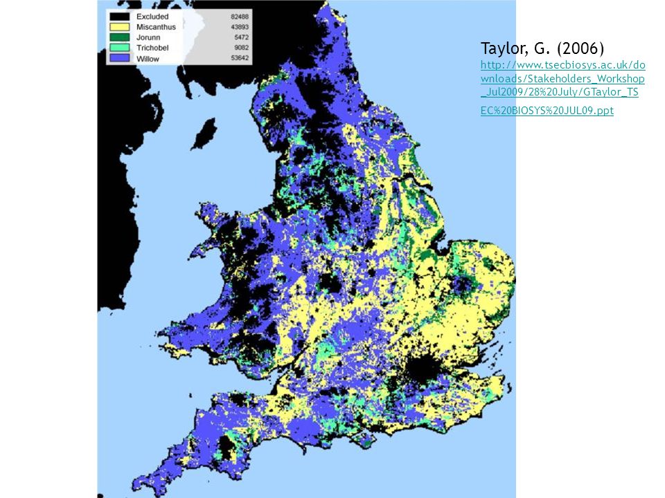 Figure 5: Areas suitable for biomass crops mapped for England & Wales by Taylor (2006).