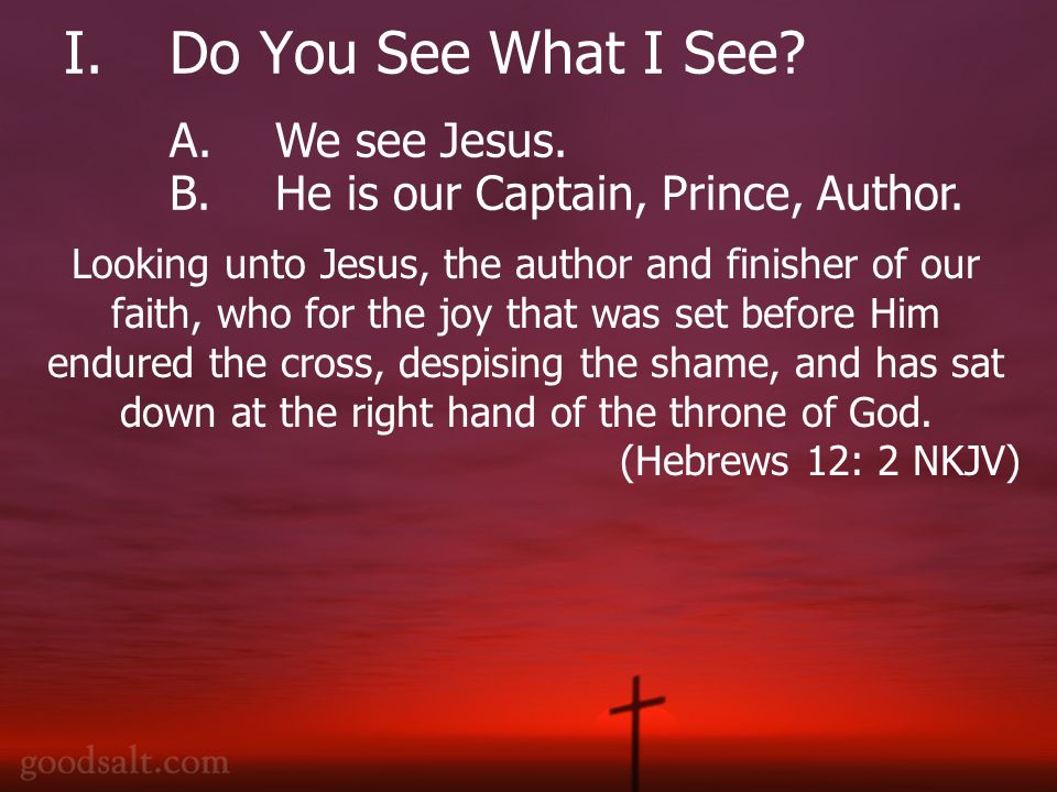 Looking unto Jesus, the author and finisher of our faith, who for the joy that was set before Him endured the cross, despising the shame, and has sat down at the right hand of the throne of God.