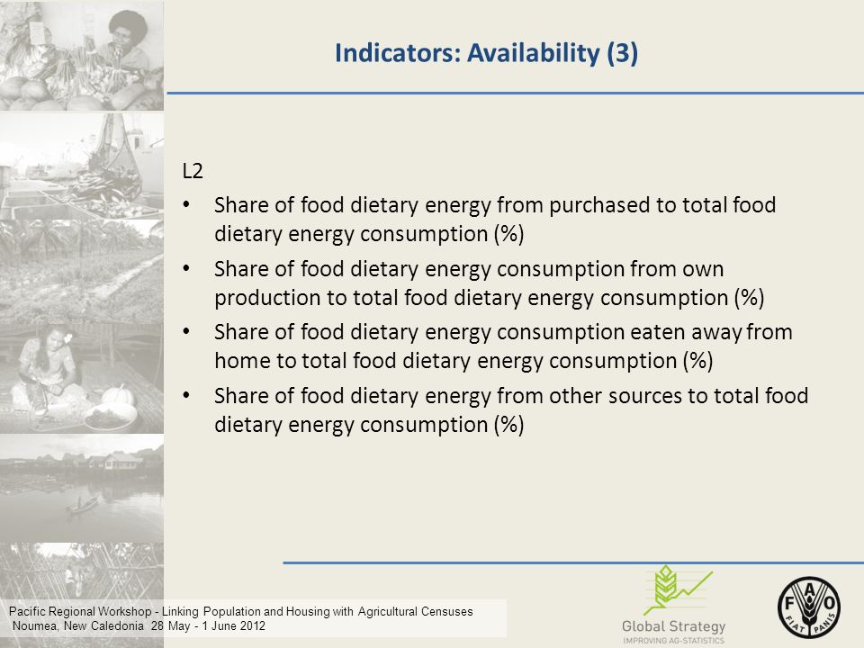 Pacific Regional Workshop - Linking Population and Housing with Agricultural Censuses Noumea, New Caledonia 28 May - 1 June 2012 Indicators: Availability (3) L2 Share of food dietary energy from purchased to total food dietary energy consumption (%) Share of food dietary energy consumption from own production to total food dietary energy consumption (%) Share of food dietary energy consumption eaten away from home to total food dietary energy consumption (%) Share of food dietary energy from other sources to total food dietary energy consumption (%)