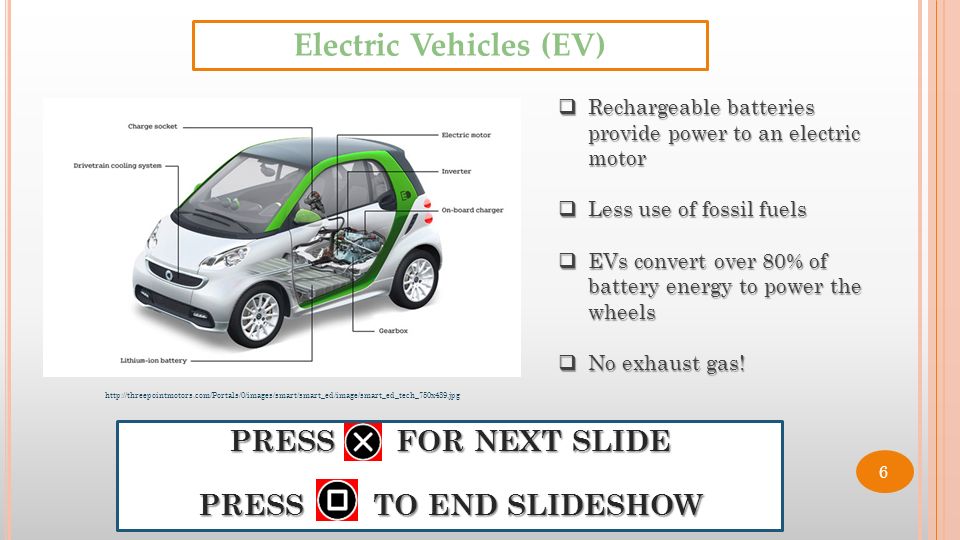 PRESS FOR NEXT SLIDE PRESS TO END SLIDESHOW Electric Vehicles (EV)    Rechargeable batteries provide power to an electric motor  Less use of fossil fuels  EVs convert over 80% of battery energy to power the wheels  No exhaust gas.