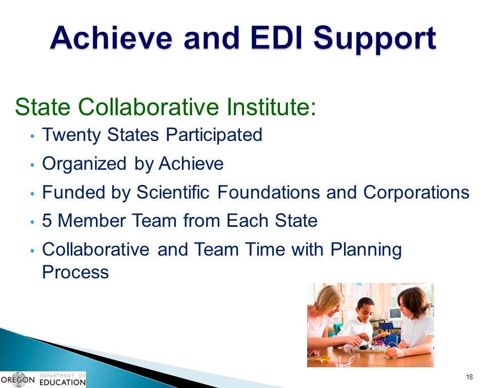 State Collaborative Institute: Twenty States Participated Organized by Achieve Funded by Scientific Foundations and Corporations 5 Member Team from Each State Collaborative and Team Time with Planning Process 18