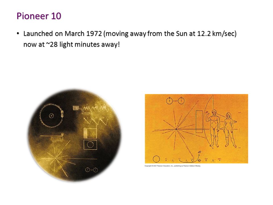 Pioneer 10 Launched on March 1972 (moving away from the Sun at 12.2 km/sec) Launched on March 1972 (moving away from the Sun at 12.2 km/sec) now at ~28 light minutes away!