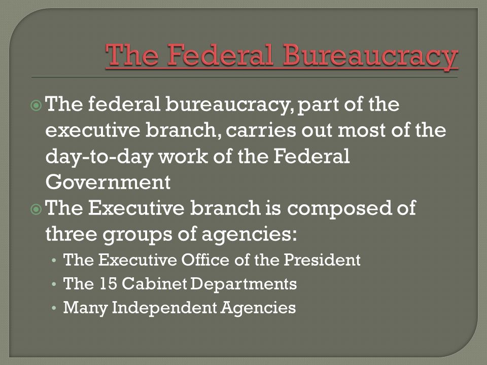  The federal bureaucracy, part of the executive branch, carries out most of the day-to-day work of the Federal Government  The Executive branch is composed of three groups of agencies: The Executive Office of the President The 15 Cabinet Departments Many Independent Agencies