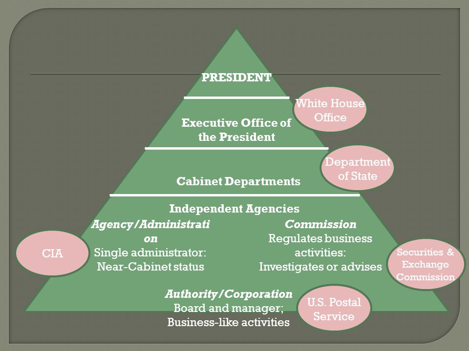 PRESIDENT Executive Office of the President Cabinet Departments Independent Agencies Agency/Administrati on Single administrator: Near-Cabinet status Commission Regulates business activities: Investigates or advises Authority/Corporation Board and manager; Business-like activities White House Office Department of State CIA U.S.