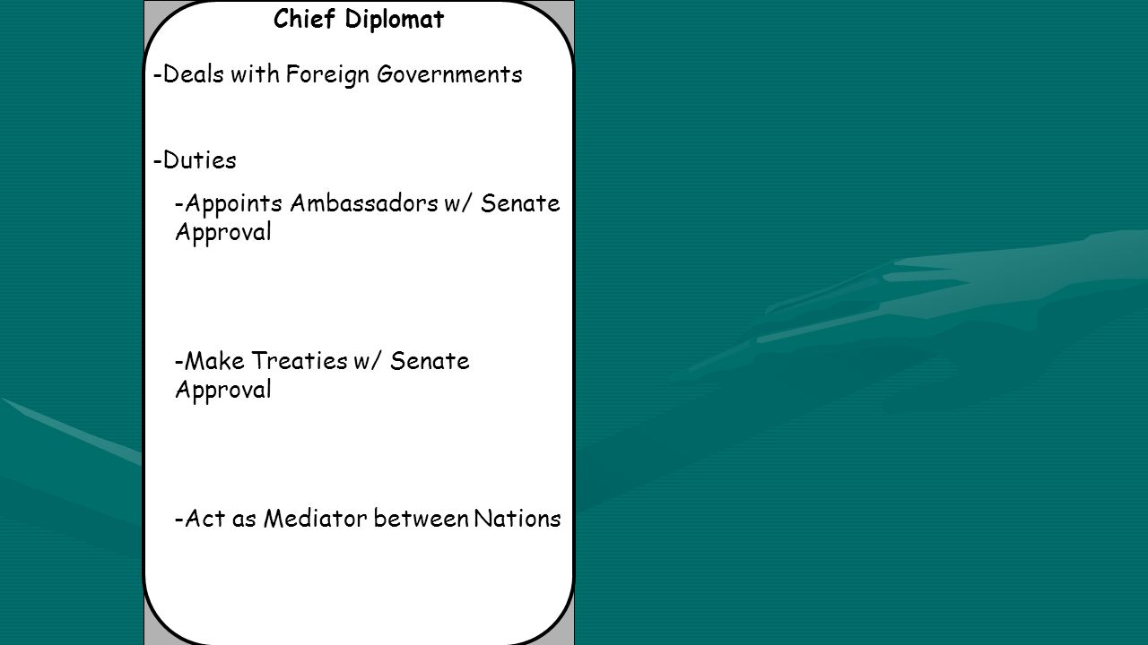 Chief Diplomat -Deals with Foreign Governments -Duties -Appoints Ambassadors w/ Senate Approval -Make Treaties w/ Senate Approval -Act as Mediator between Nations