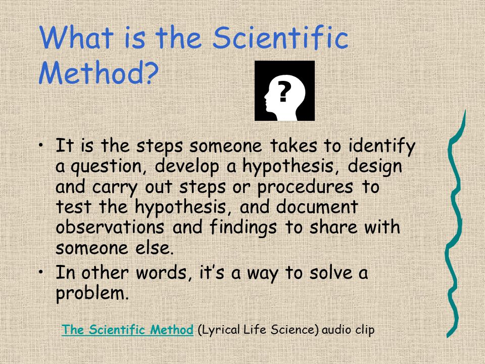 The Scientific Method ♫ A Way to Solve a Problem ♫ Created by Mrs. Vredenburg July, 2001