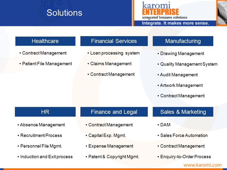 Solutions Financial ServicesManufacturing Healthcare Sales & MarketingFinance and LegalHR Contract Management Patient File Management Loan processing system Claims Management Contract Management Drawing Management Quality Management System Audit Management Artwork Management Contract Management Absence Management Recruitment Process Personnel File Mgmt.