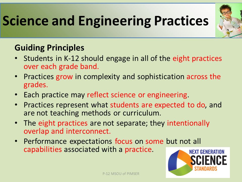 Guiding Principles Students in K-12 should engage in all of the eight practices over each grade band.