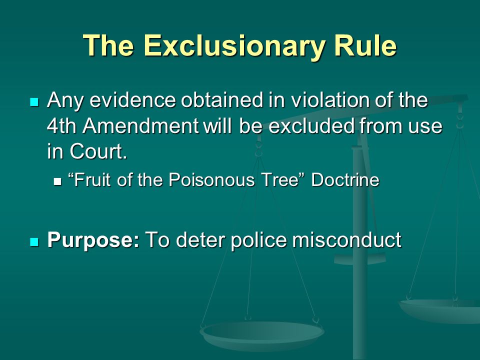 The Exclusionary Rule Any evidence obtained in violation of the 4th Amendment will be excluded from use in Court.