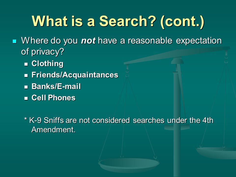 What is a Search. (cont.) Where do you not have a reasonable expectation of privacy.