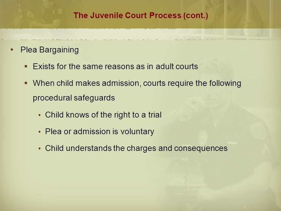 The Juvenile Court Process (cont.)  Plea Bargaining  Exists for the same reasons as in adult courts  When child makes admission, courts require the following procedural safeguards  Child knows of the right to a trial  Plea or admission is voluntary  Child understands the charges and consequences
