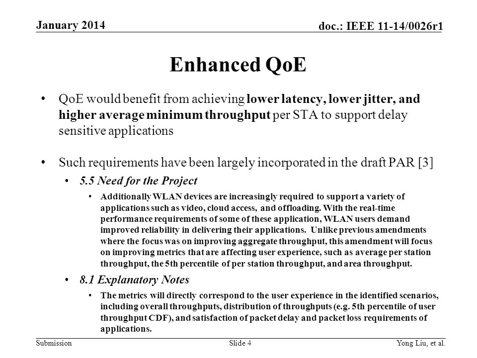 Submission doc.: IEEE 11-14/0026r1 Enhanced QoE QoE would benefit from achieving lower latency, lower jitter, and higher average minimum throughput per STA to support delay sensitive applications Such requirements have been largely incorporated in the draft PAR [3] 5.5 Need for the Project Additionally WLAN devices are increasingly required to support a variety of applications such as video, cloud access, and offloading.