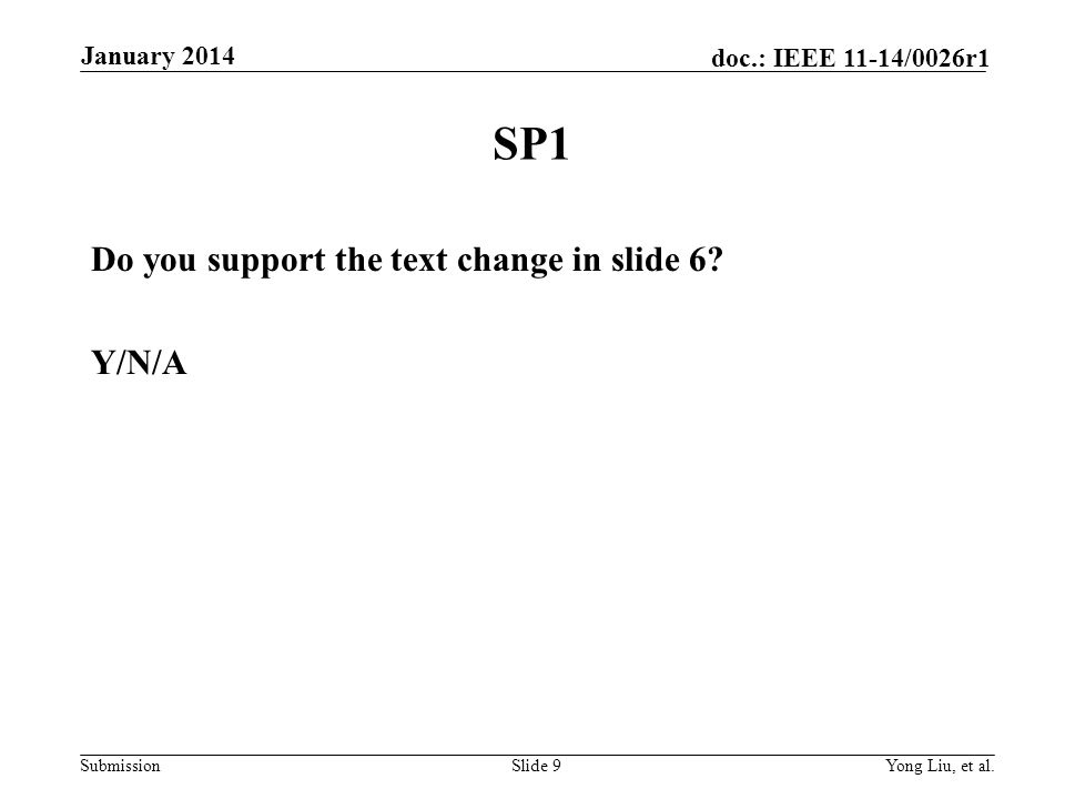 Submission doc.: IEEE 11-14/0026r1 SP1 Do you support the text change in slide 6.