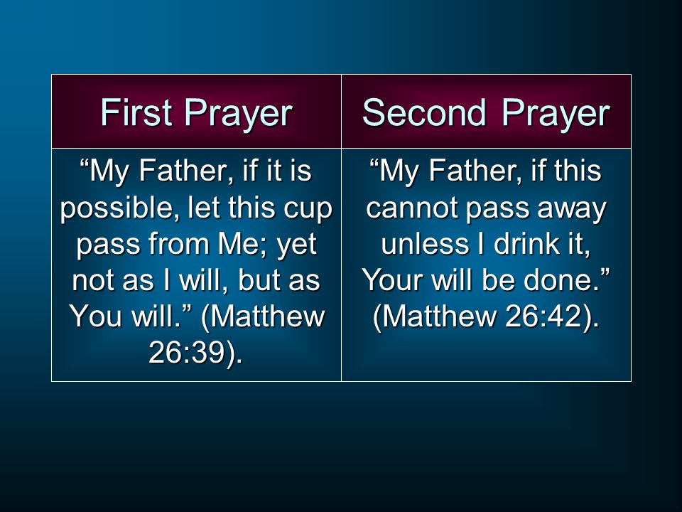 First Prayer My Father, if it is possible, let this cup pass from Me; yet not as I will, but as You will. (Matthew 26:39).