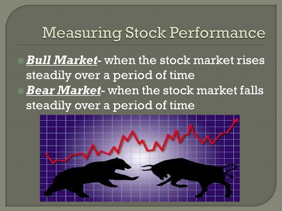  Bull Market- when the stock market rises steadily over a period of time  Bear Market- when the stock market falls steadily over a period of time