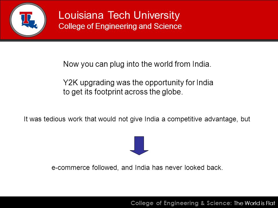 College of Engineering & Science: The World is Flat Louisiana Tech University College of Engineering and Science Now you can plug into the world from India.