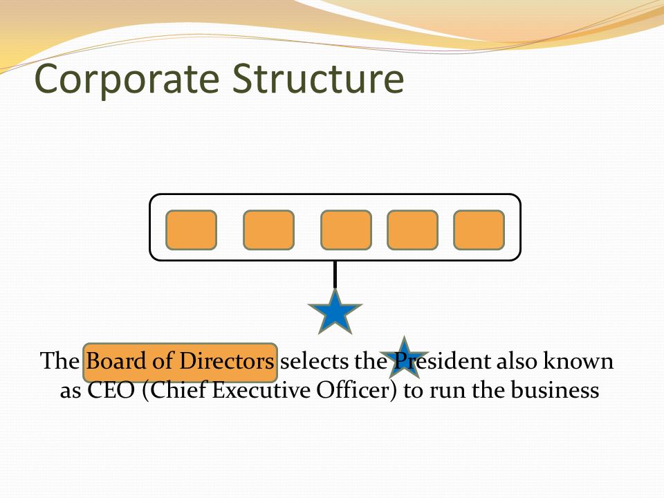 Corporate Structure The Board of Directors selects the President also known as CEO (Chief Executive Officer) to run the business