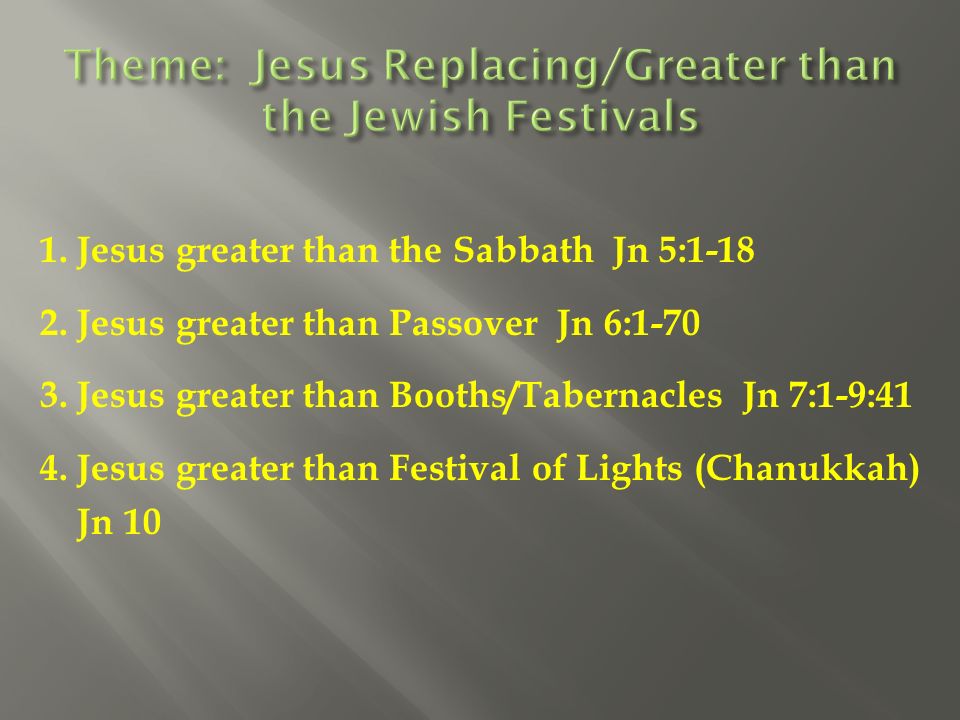 1. Jesus greater than the Sabbath Jn 5: Jesus greater than Passover Jn 6: